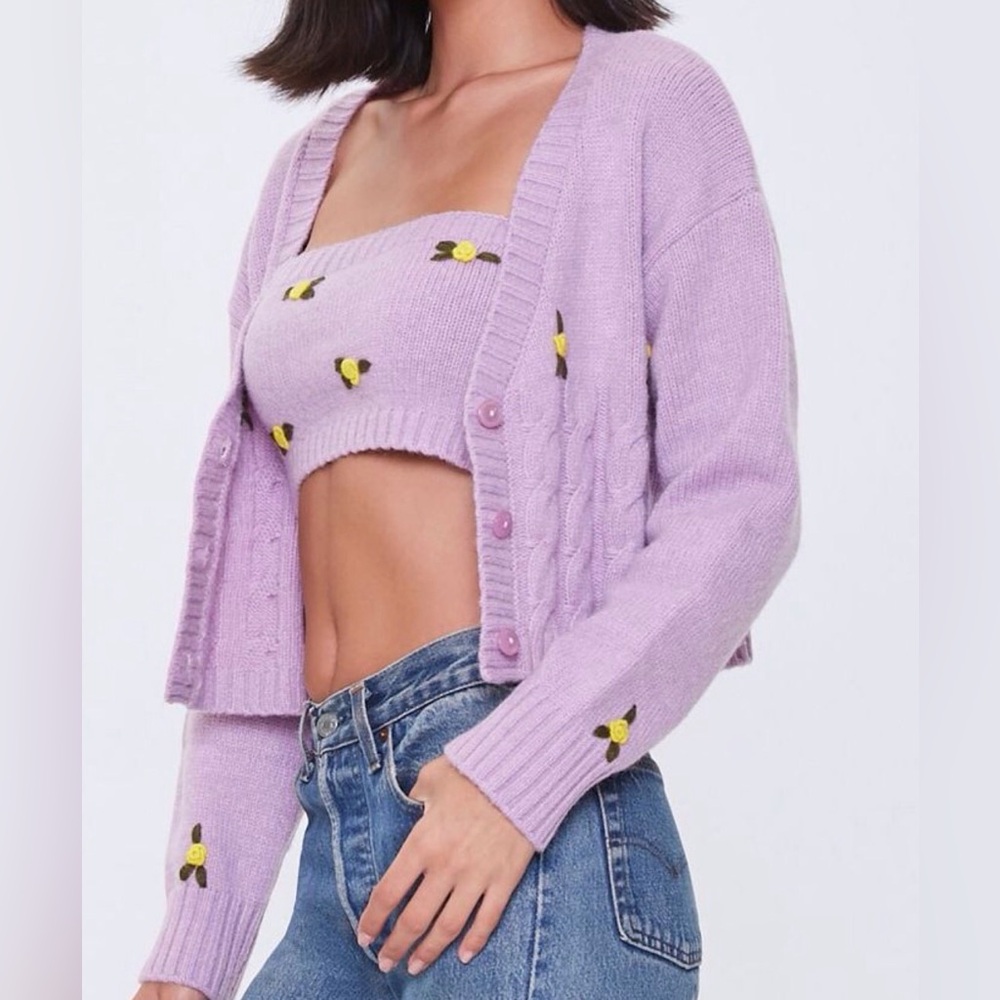 Forever 21 Cropped Purple Floral  V-Neck Cardigan